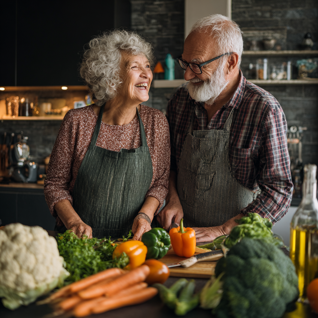 Happy elderly European couple preparing healthy meal together in modern kitchen, showing fresh vegetables and fruits