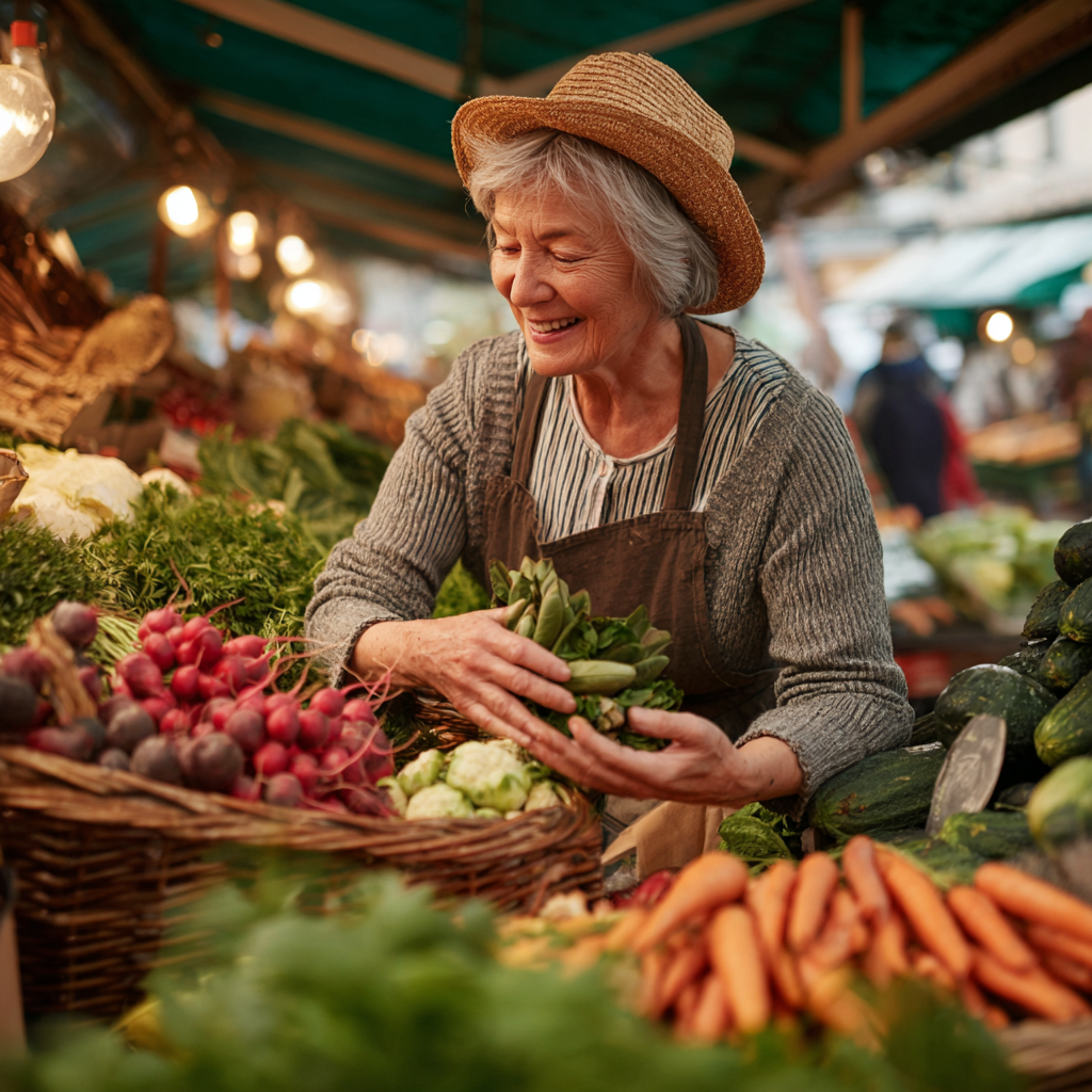Smiling elderly European nutritionist reviewing healthy meal plan with fresh ingredients and nutritional charts