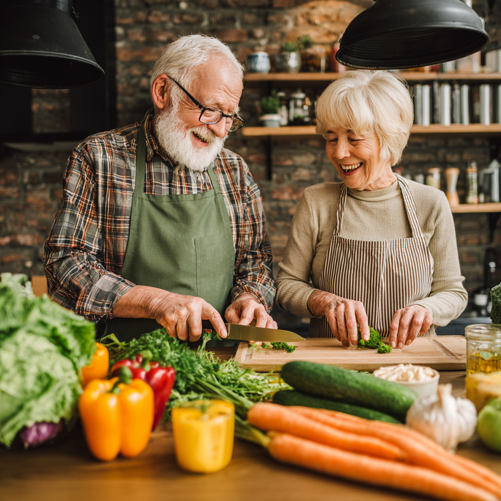 Happy elderly European person checking nutrition reminders on smartphone while preparing healthy meal